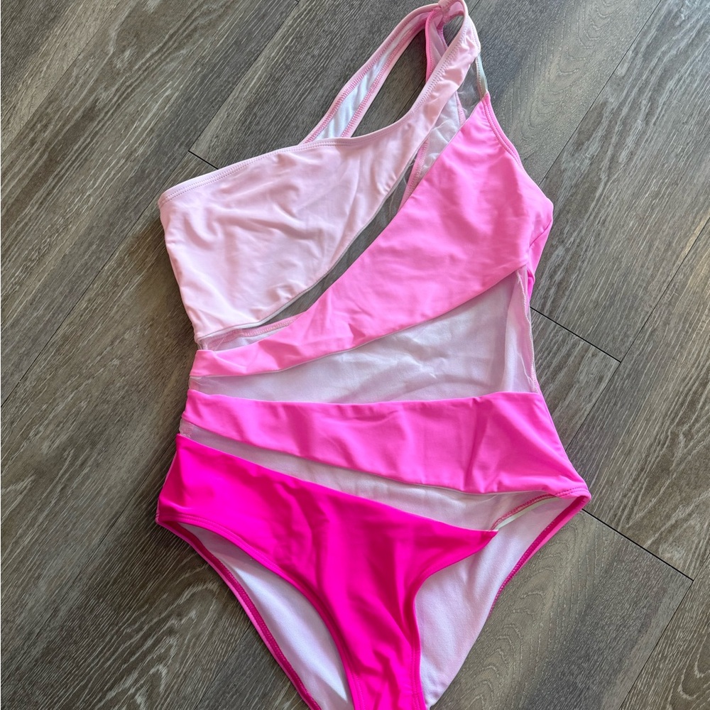 SHEIN Pink Mesh One Piece One Shoulder Swimsuit - M